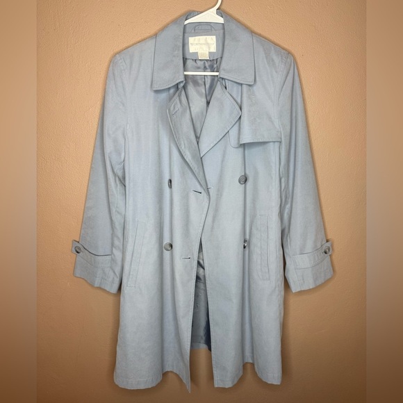 Vtg Worthington Dusty Blue Trench Coat Size Small Petite Belted Double Breasted - Picture 2 of 15